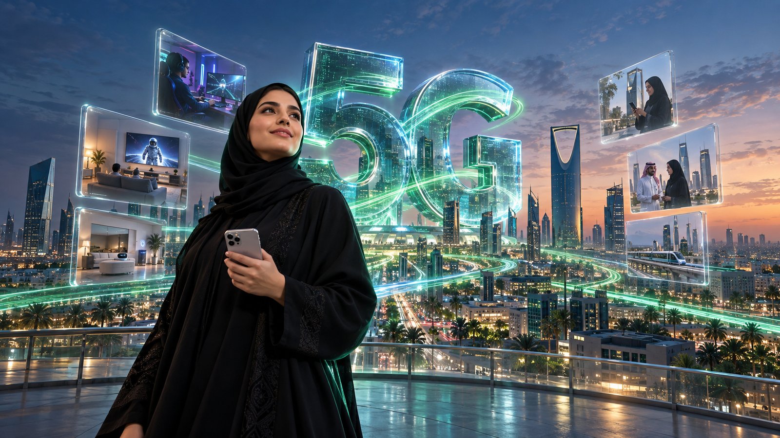 Zain 5G visual language showing glass, signal and Riyadh architecture
